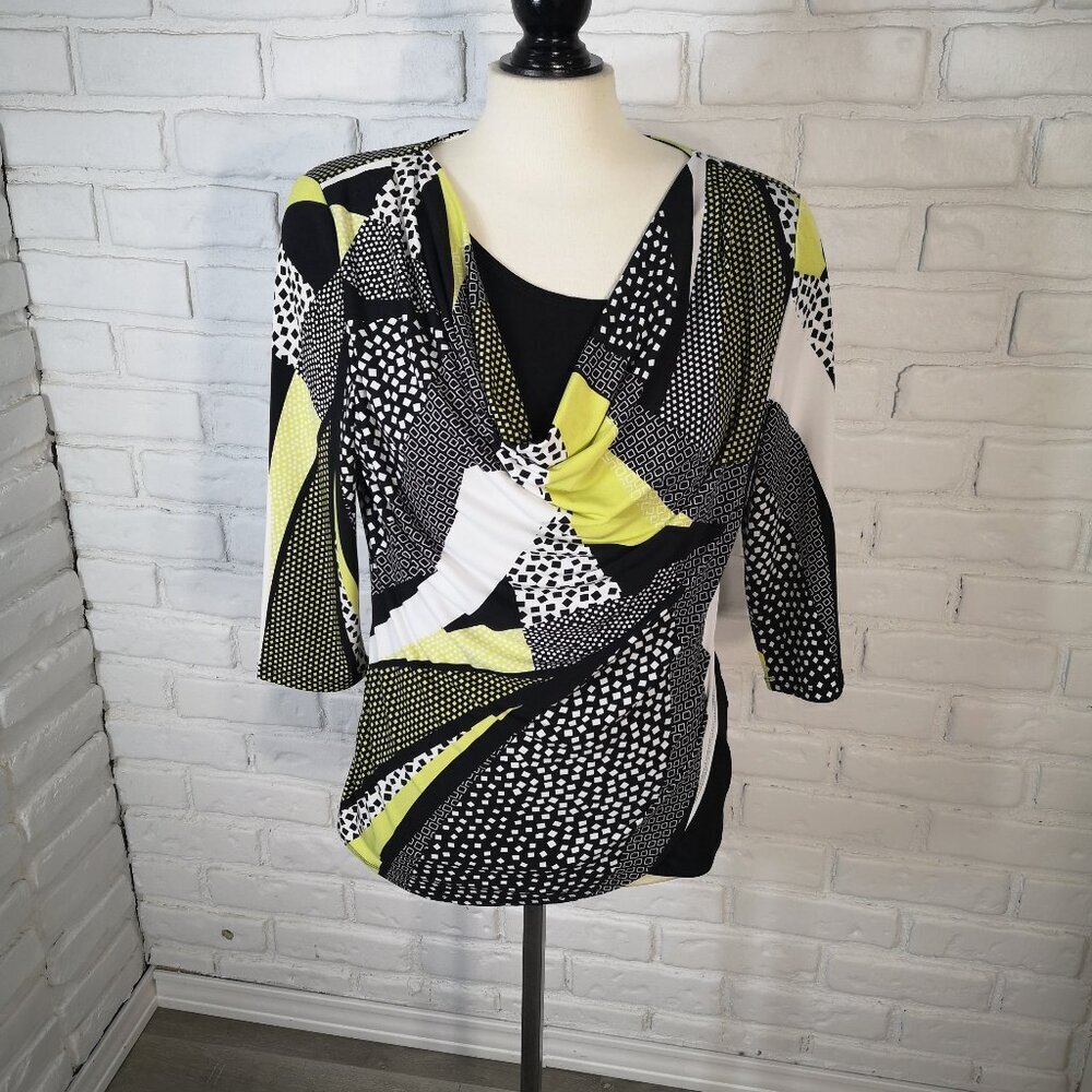 Laura Petites Ladies Size Medium Black White Lime Patterned Cowl Neck Top